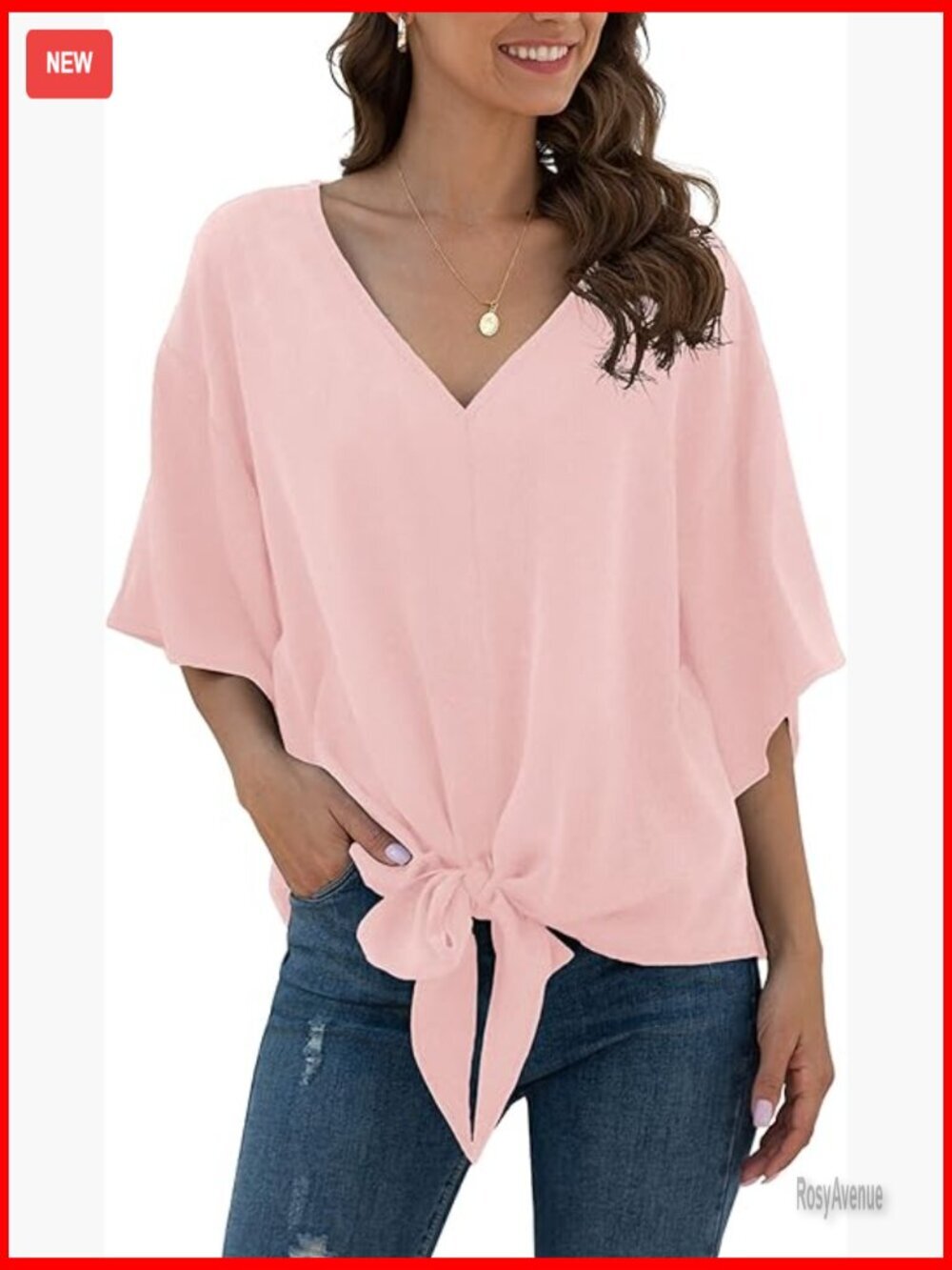 Womens Tie Front Chiffon Blouse V Neck Batwing Short Sleeve Summer Top